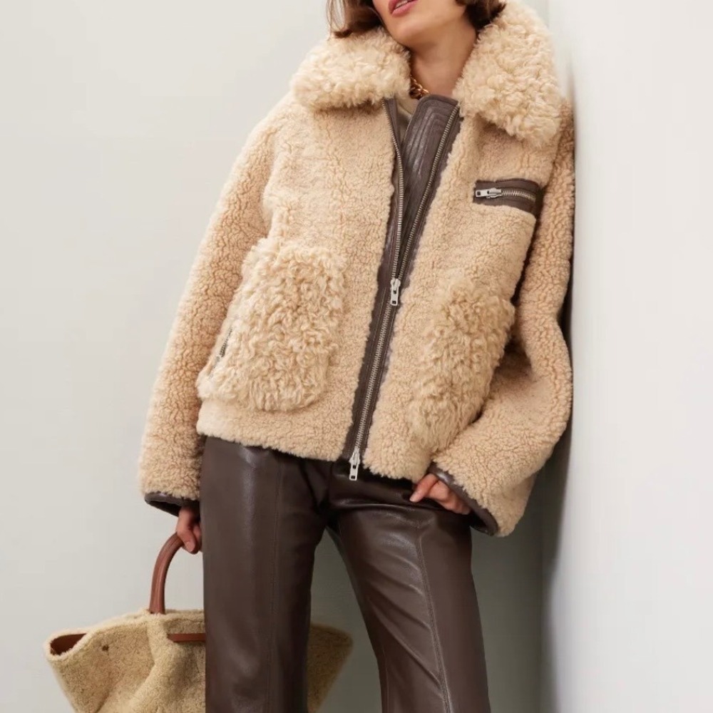 Stand Studio Joann faux fur Shearling Jacket Beige Brown Quilted Lining Coat 38
